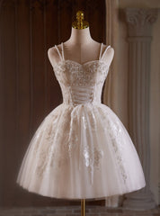 White Tulle Straps Beading Lace Homecoming Dresses