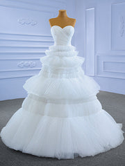 White Tulle Sweetheart Pleats Tiers Wedding Dresses