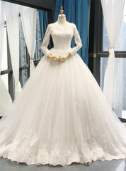 White V-neck Ball Gown Tulle Appliques Long Sleeve Wedding Dresses