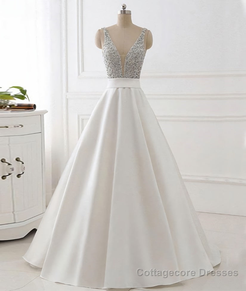 White v neck beads sequin long prom dress, white evening dress