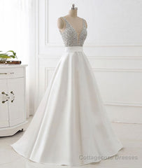 White v neck beads sequin long prom dress, white evening dress