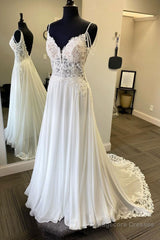 White v neck chiffon lace long prom dress, white evening dress