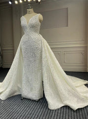 White V-neck Mermaid Beading Sequins Wedding Dresses With Detachable Train