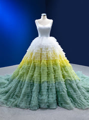 White Yellow Green Three Color Tulle Princess Prom Dresses