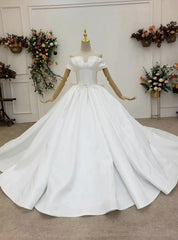 Will Be Available For Purchase White Ball Gown Satin Off the Shoulder Beading Wedding Dresses