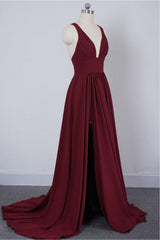 Wine Red Chiffon High Slit Long Party Dress, Charming Long Straps Bridesmaid Dresses