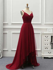 Wine Red High Low Sweetheart Simple Tulle Prom Dresses, High Low Homecoming Dresses