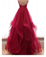 Wine Red Layers Tulle V-neckline Straps Formal Dresses, Wine Red Evening Dresses Party Dresses