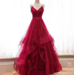 Wine Red Layers Tulle V-neckline Straps Formal Dresses, Wine Red Evening Dresses Party Dresses