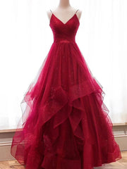 Wine Red Layers Tulle V-neckline Straps Formal Dresses, Wine Red Evening Dresses Party Dresses