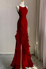 Wine Red Long Round Neckline Low Back, Wine Red Evening Dresses Prom Dresses