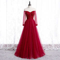 Wine Red Long Sleeves Beaded Tulle Evening Gown, A-line Wine Red Long Prom Dresses