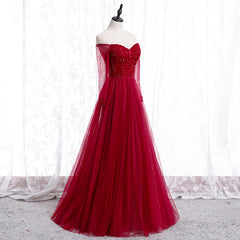 Wine Red Long Sleeves Beaded Tulle Evening Gown, A-line Wine Red Long Prom Dresses