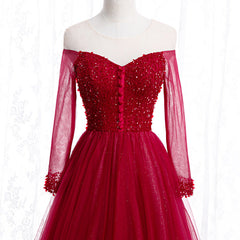 Wine Red Long Sleeves Beaded Tulle Evening Gown, A-line Wine Red Long Prom Dresses