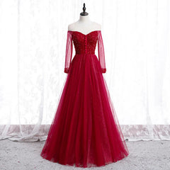 Wine Red Long Sleeves Beaded Tulle Evening Gown A-line Wine Red Long Prom Dresses prom Dresses shops