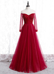 Wine Red Long Sleeves Beaded Tulle Evening Gown A-line Wine Red Long Prom Dresses prom Dresses shops