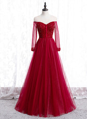 Wine Red Long Sleeves Beaded Tulle Evening Gown, A-line Wine Red Long Prom Dresses