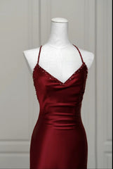 Wine Red Mermaid Backless Long Evening Dresses, Wine Red Long Prom Dresses