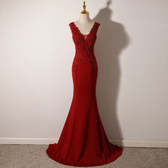 Wine Red Mermaid Floor Length Low Back Evening Dress, Burgundy Prom Dress Party Dress