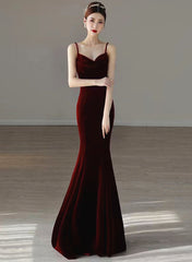 Wine Red Mermaid Straps Long Party Dresses, Wine Red Velvet Long Prom Dresses