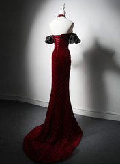 Wine Red Mermaid Velvet Beaded Long Formal Dresses, Wine Red Prom Dresses