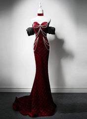 Wine Red Mermaid Velvet Beaded Long Formal Dresses, Wine Red Prom Dresses