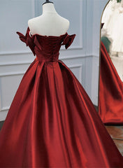 Wine Red Satin A-line Beaded Off Shoulder Party Dress, Wine Red Prom Dress Formal Dress