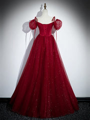 Wine Red Satin and Tulle Straps Long Prom Dress, Wine Red Off Shoulder Party Dress