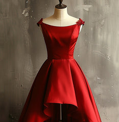 Wine Red Satin High Low Round Neckline Party Dresses, Wine Red Homecoming Dresses