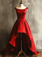 Wine Red Satin High Low Round Neckline Party Dresses, Wine Red Homecoming Dresses