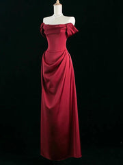 Wine Red Satin Off Shoulder Long Party Dresses, Wine Red Satin Prom Dresses