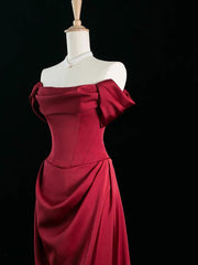 Wine Red Satin Off Shoulder Long Party Dresses, Wine Red Satin Prom Dresses