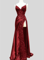 Wine Red Satin with Lace Formal Dress, Wine Red Evening Dress Prom Dress