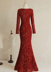 Wine Red Sequins Mermaid Long Sleeves Party Dresses, Wine Red Long Wedding Party Dresses