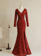 Wine Red Sequins Mermaid Long Sleeves Party Dresses, Wine Red Long Wedding Party Dresses