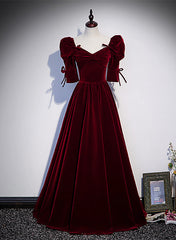 Wine Red Short Sleeves A-line Long Party Dress, Wine Red Bridesmaid Dress