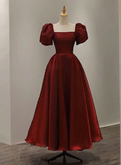 Wine Red Short Sleeves Tea Length Wedding Party Dress, Wine Red Prom Dress