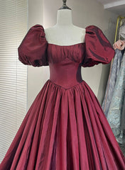 Wine Red Taffeta Short Sleeves Long Formal Dress, Wine Red Evening Dress Prom Dress