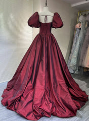 Wine Red Taffeta Short Sleeves Long Formal Dress, Wine Red Evening Dress Prom Dress