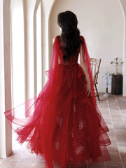 Wine Red Tulle and Beaded Long Formal Dresses, Wine Red Floor Length Prom Dresses