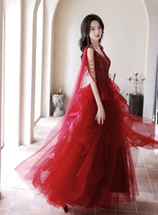 Wine Red Tulle and Beaded Long Formal Dresses, Wine Red Floor Length Prom Dresses