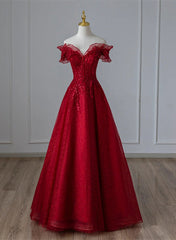 Wine Red Tulle with Sequins and Lace Party Dress, Wine Red A-line Prom Dress