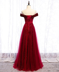 Wine Red Tulle with Velvet Long Party Dresses, Wine Red Formal Dresses Prom Dresses