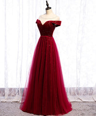 Wine Red Tulle with Velvet Long Party Dresses, Wine Red Formal Dresses Prom Dresses