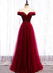 Wine Red Tulle with Velvet Long Party Dresses, Wine Red Formal Dresses Prom Dresses