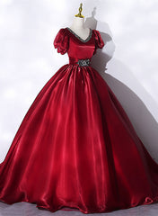 Wine Red V-neckline Beaded Ball Gown Prom Dress, Wine Red Sweet 16 Dress