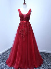 Wine Red V-neckline Tulle Long Prom Dress, Dark Red Floor Length Party Dress, Bridesmaid Dress