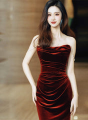 Wine Red Velvet Long Formal Dresses Evening Dresses, Wine Red Prom Dresses