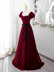 Wine Red Velvet Short Sleeves A-line Prom Dresses, Wine Red Long Party Dresses