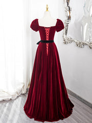 Wine Red Velvet Short Sleeves A-line Prom Dresses, Wine Red Long Party Dresses